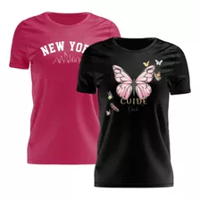 Kit 2 Tshirt Blusa Feminina Camiseta New York Butterfly