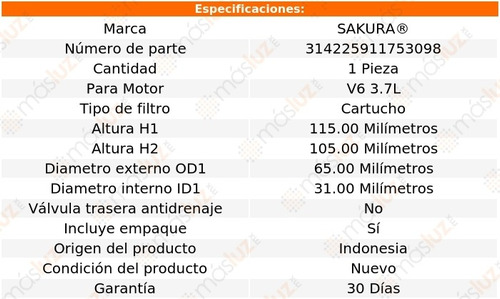 1) Filtro Aceite Mercedes-benz Ml320 3.7l 6 Cil 00/06 Sakura Foto 2