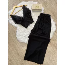 Kit Conjunto Cropped Renda Com Decote + Calça Pantolona Plus