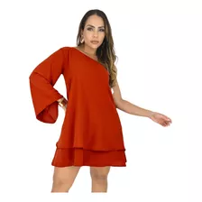 Vestido Duna Crepe Manga Longa Uma Flare Moda