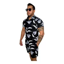 Conjunto Camisa Short Floral Masculino Slimfit Praia Social