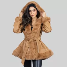 Sobretudo Longo Feminino Parka Com Capuz Couro Sintético 