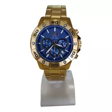 Relógio Vip Masculino Dourado Fundo Azul Original Com Caixa