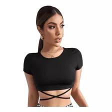 Blusa Cropped Básico Manga Com Amarração