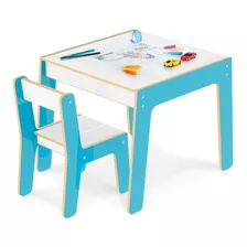 Conjunto Mesa Mesinha E Cadeira Infantil Madeira Azul Junges