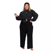 Conjunto Plus Size Blusa Manga Longa Calça Pantalona Cinto