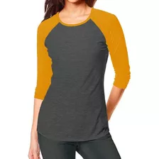 Playera Beisbolera Lisa Mujer Gris Manga Tres Cuartos Raglan