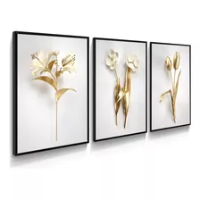 Kit 3 Quadros Flor De Ouro Minimalista Fundo Branco