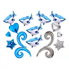 Set De Globos Tiburón Azul Plateado Para Cumpleaños Niños