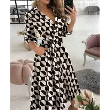 Mujer Elegante Manga Larga Solapa Cinturón Impreso Vestido