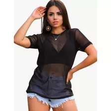 Blusa Tule Transparente Manga Curta Feminina Blogueiras