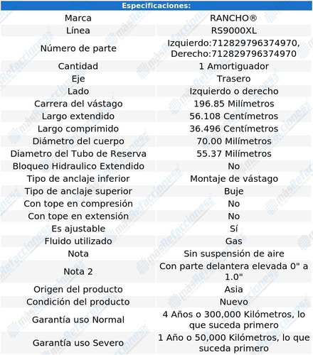 Amortiguador Rs9000xl Gas Tra Range Rover 87-95 Rancho Foto 2