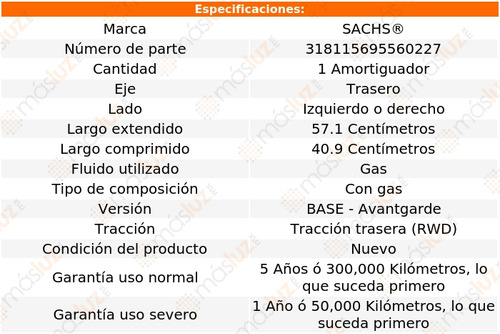 1- Amortiguador Gas Trasero Izq/der E300 V8 5.5l 10 Sachs Foto 2