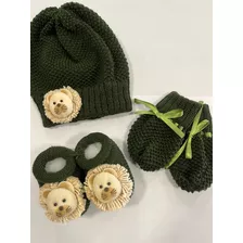 Kit Gorro E Luvas + Sapatinho Tricot Verde Militar Leão