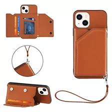 Funda Cartera Para iPhone 13 Mini Marrón Con Correa De Muñec