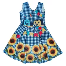 Vestido Infantil De Festa Junina Azul Girassol Tam 8 Ao 10