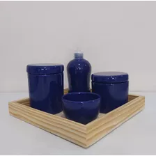 Kit Higiene Bebê Porcelana Azul Marinho Bandeja Pinus Quadra