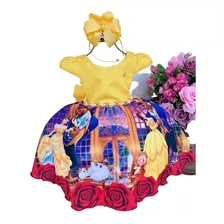 Vestido Infantil Bela E A Fera Amarelo Cinto De Pérolas Luxo