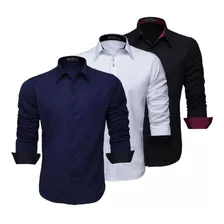 Kit 3 Camisa Manga Longa Masculina Camiseta Social Slim