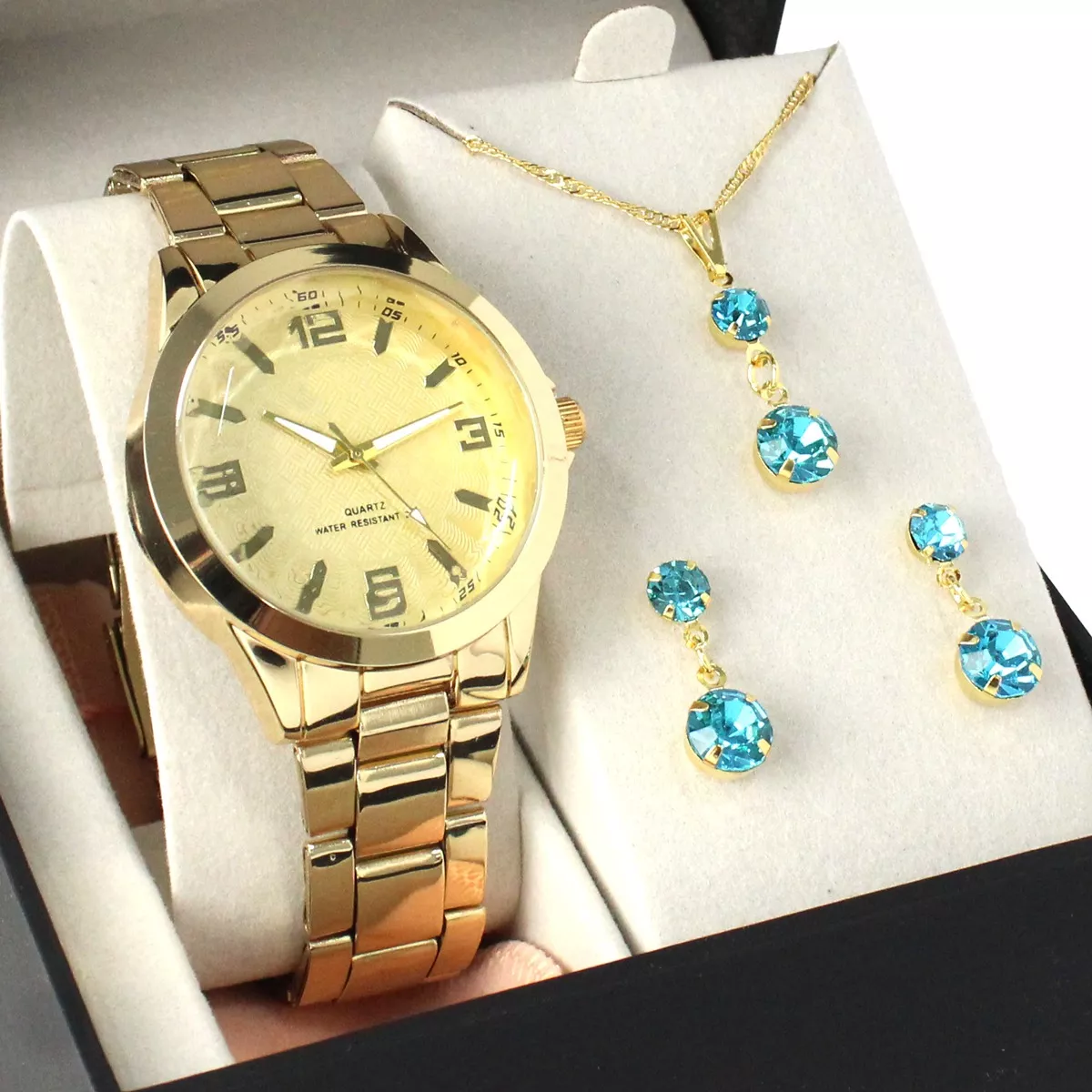 Relógio Feminino Dourado Com Kit Colar E Brinco Super Barato
