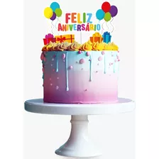 Topo - Topper - Decoração De Bolo Feliz Aniversário Colorido