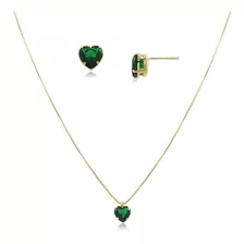 Conjunto De Colar E Brinco Coração Verde Esmeralda Folheado