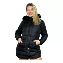 Jaqueta Nylon Preta Feminina Alongada Forrada Puffer Inverno