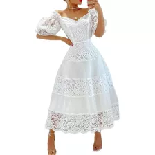 Elegante Vestido De Fiesta De Encaje, Vestidos Midi Blancos