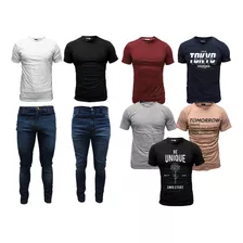 Pack Hombre Remeras Estampadas Lisas Jeans Elastizados