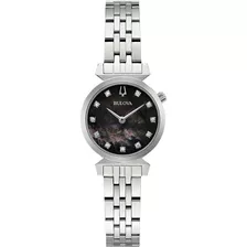 Reloj De Regata Bulova 96p221 Para Mujer, Correa Con Diamantes Y Zafiros, Color Plateado Y Bisel Plateado, Color De Fondo Negro
