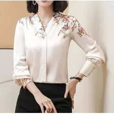 Camisa Blusa Feminina Social Luxo Estampada Floral Gola V 