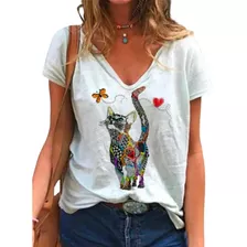 Lovely Cat Geometric Art Camiseta Con Cuello En V