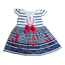 Vestido Marinheira Para Bebê Azul Marinho Vermelho Algodão