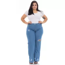 Kit 3 Calça Jeans Plus Size Feminina Cintura Alta Wide Leg