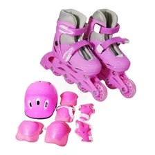 Patins 4 Rodas Inline Tamanho Ajustável Rosa Kit De Proteção