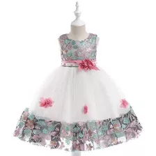 Vestido Elegante Niña, Diseño Flores,vestido De Cumpleaños