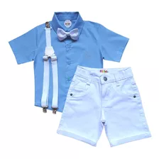 Conjunto Social Azul Claro Camisa Bermuda Infantil Masculino