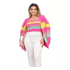 Conjunto Twin Set Tricot Colorido Cardigan + Cropped Modinha