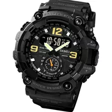 Reloj De Pulsera Skmei 1637 De Cuerpo Color Negro, Analógico-digital, Para Hombre, Fondo Negro, Con Correa De Poliuretano Color Negro, Agujas Color Verde Y Negro Y Blanco, Dial Amarillo Y Blanco, Sube