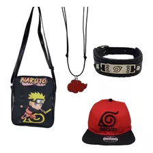 Kit Bolsa Transversal Naruto Pulseira Boné E Colar Akatsuki 