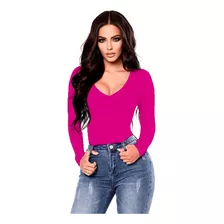 Blusa Basica Escote V Mujer Manga Larga Ajustada Moda