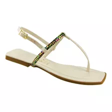 Sandalia Feminino Rasteira Off White Menton Anna Flor Brilho