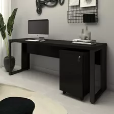 Mesa Escrivaninha Industrial 170cm Com Gaveteiro E Pés Metal Cor Preto