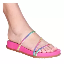 Sandália Rasteira Flatform Luxo Papete Feminina Strass Rosa