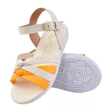 Sandália Infantil Feminina Off White E Laranja C/tiras E Nó