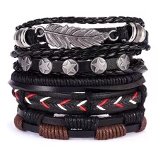 Set 5 Pulsera Manilla Brazalete De Cuero Pluma Hombre Mujer