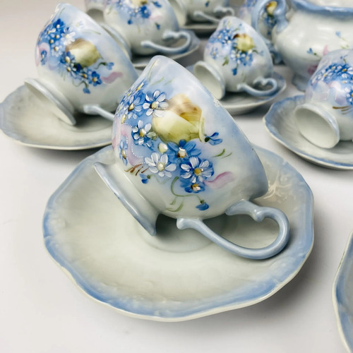 Jogo Bule E Xícaras De Chá Porcelana Pintada À Mão 54 Peças Azul Celeste 5