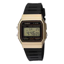 Reloj Pulsera Casio Collection F-91 De Cuerpo Color Dorado, Digital, Para Hombre, Fondo Dorado, Con Correa De Resina Color Negro, Dial Negro, Minutero/segundero Negro, Bisel Color Negro Y Hebilla Simp