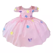 Vestido Infantil Rosa C/ Aplique Borboletas Flores Princesas