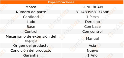 1- Espejo Derecho Man C/control Century 1987/1996 Genrica Foto 2